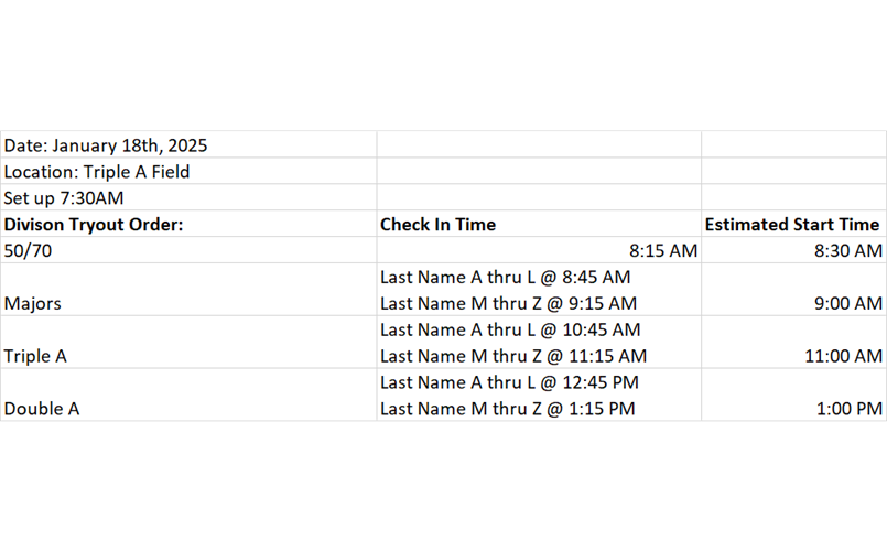 January 18th Tryout Schedule